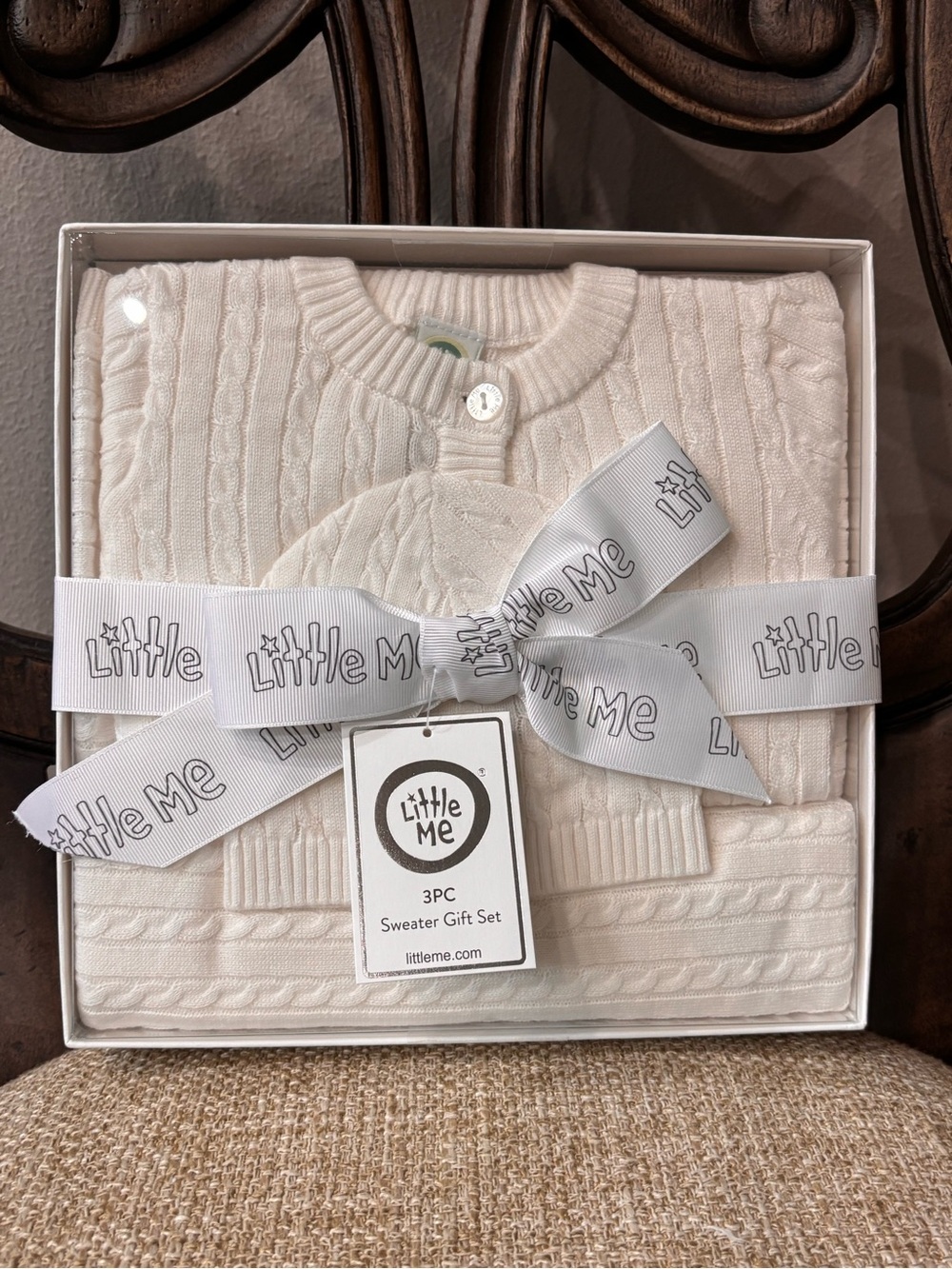 Little Me White Cable Knit Sweater Hat Blanket Infant Gift Set Size 3 Mo NWT